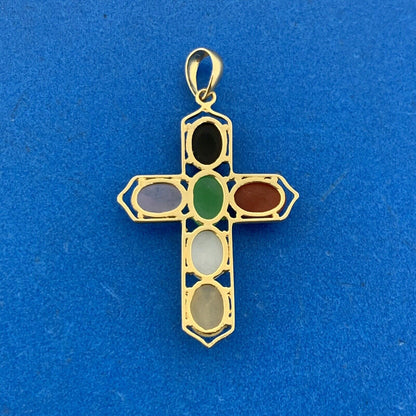 14K Yellow Gold Jade Onyx Coral Multi Gemstone Cabochon Cross Pendant