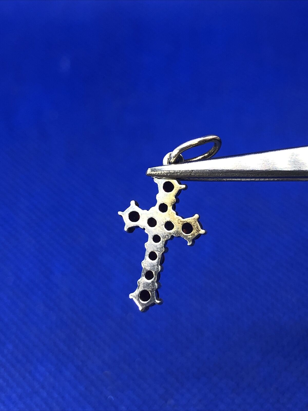 Estate 900 Silver Round Red Garnet Religious Cross Pendant