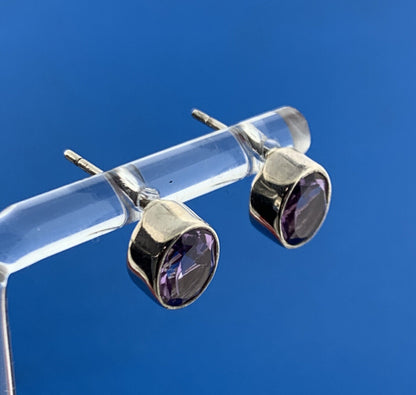 Designer SJ 925 Sterling Silver Oval Amethyst February Anniversary Stud Earrings