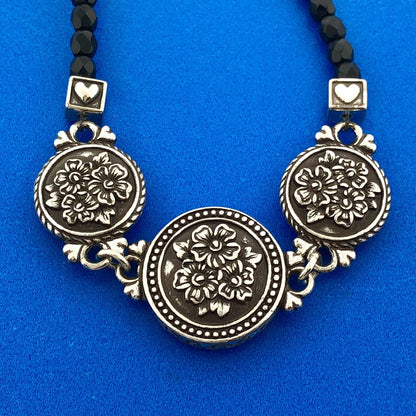 Designer Brighton Silver Toned Black White Rhinestone Floral 8" Bracelet