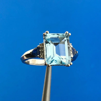 Retro 14K Wht Gold Blue Topaz Diamond Sapphire December Occasion Statement Ring