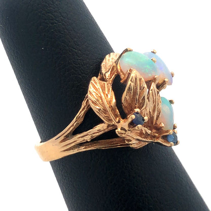 Vintage 10K Yellow Gold Opal Sapphire October Leaf Design Free Form Ring