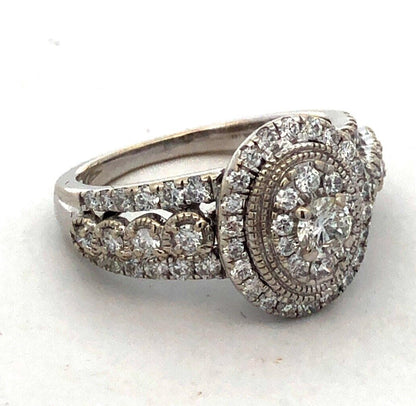 Designer GDM 14K White Gold Round Diamond Cluster Halo Oval Engagement Ring
