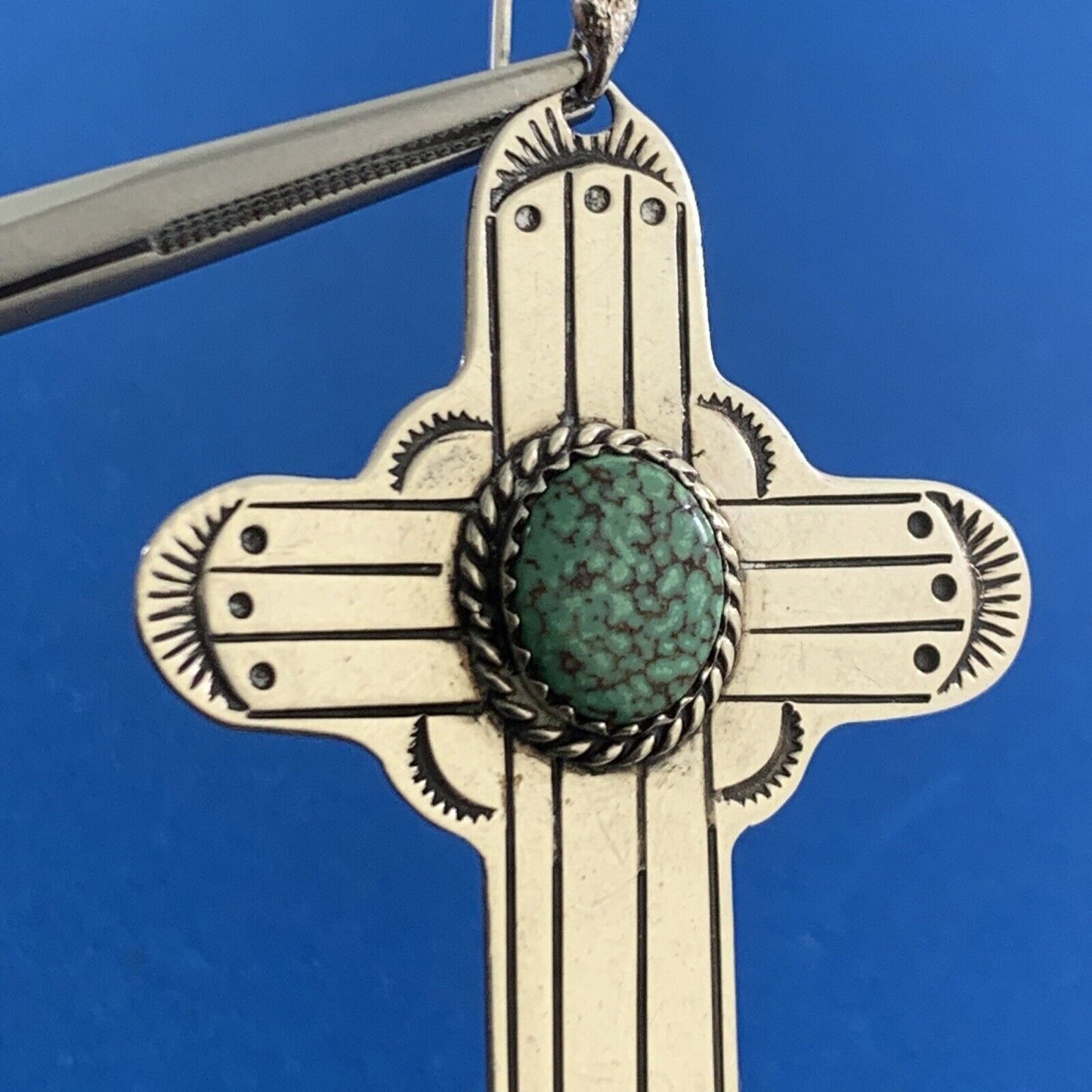 Native American 925 Sterling Silver Concho Green Turquoise Cross Hook Earrings