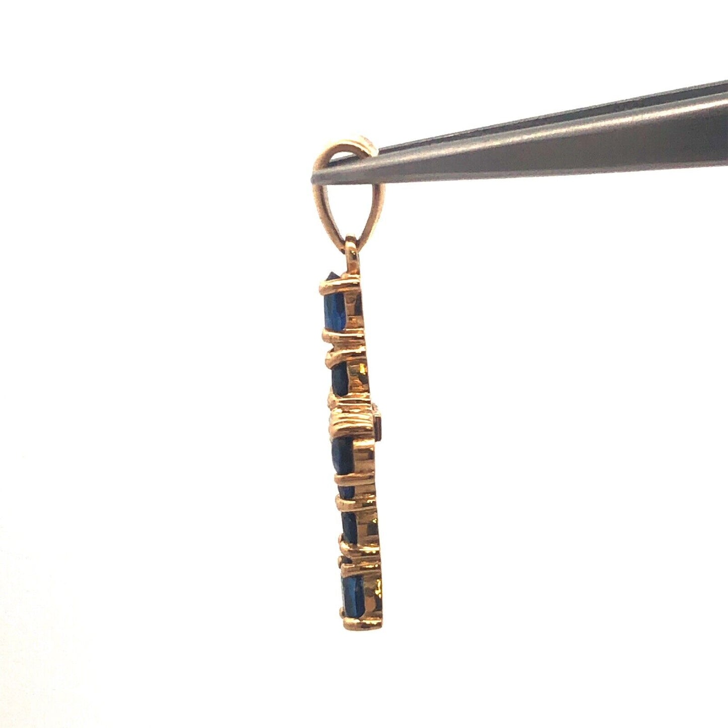 Gorgeous 10k Yellow Gold Blue Spinel Diamond Faith Religious Cross Pendant