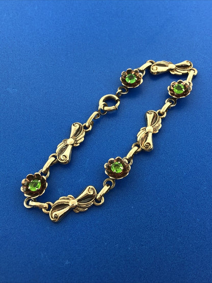 Vintage Designer Harry Iskin Gold Filled Green Rhinestone Floral Tennis Bracelet