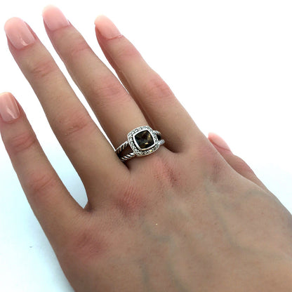 David Yurman 925 Sterling Silver Smoky Quartz Diamond Halo Petite Albion Ring