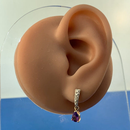 Estate Sterling Silver Vermeil Two Tone Amethyst Diamond Dangle Stud Earrings