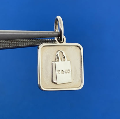 Tiffany & Co 925 Sterling Silver Square Disc T&Co Shopping Bag Charm Pendant
