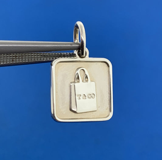 Tiffany & Co 925 Sterling Silver Square Disc T&Co Shopping Bag Charm Pendant
