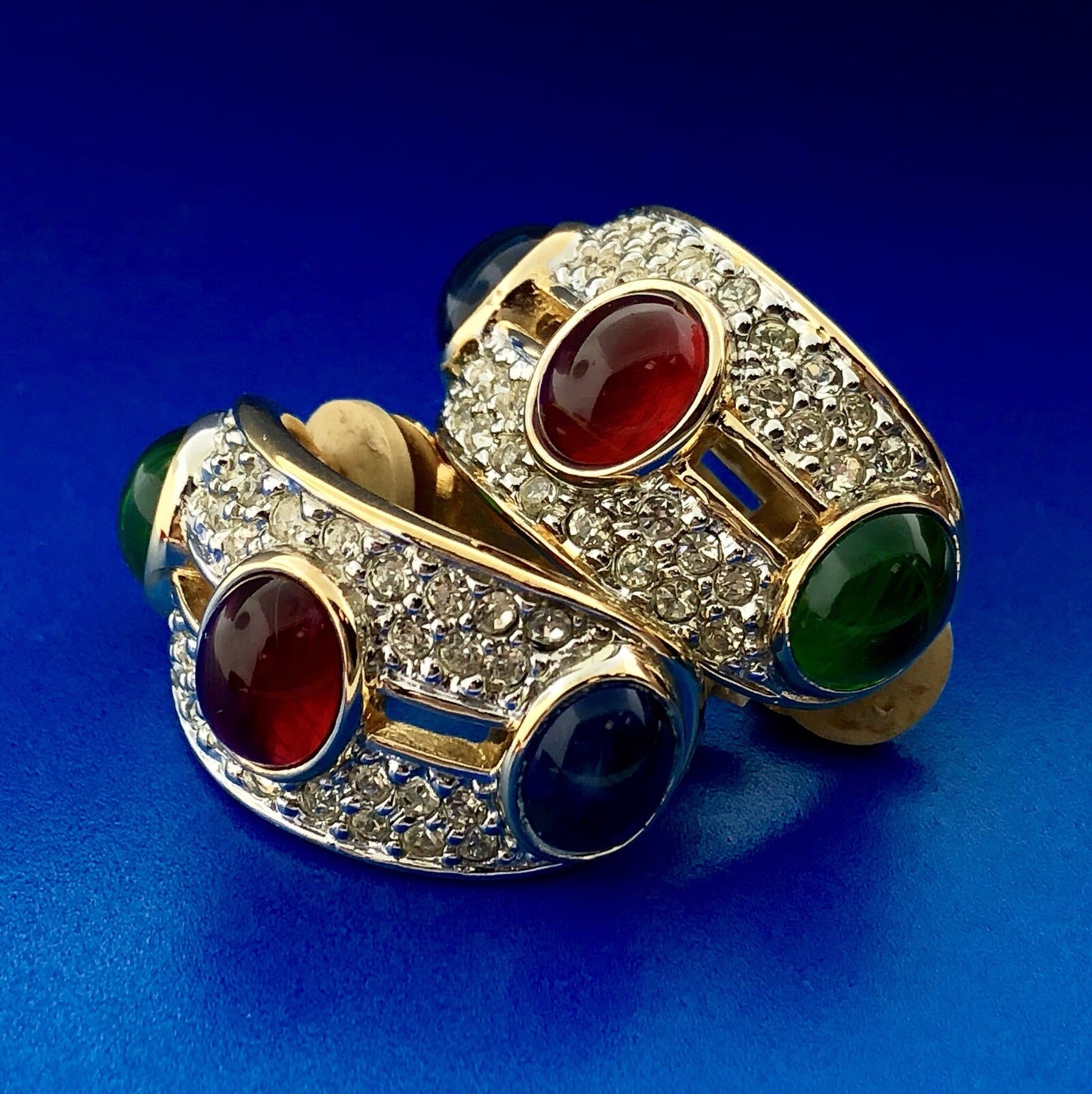 Vintage Runway Gold Tone Red Blue Green Glass Cabochon Rhinestone Clip Earrings