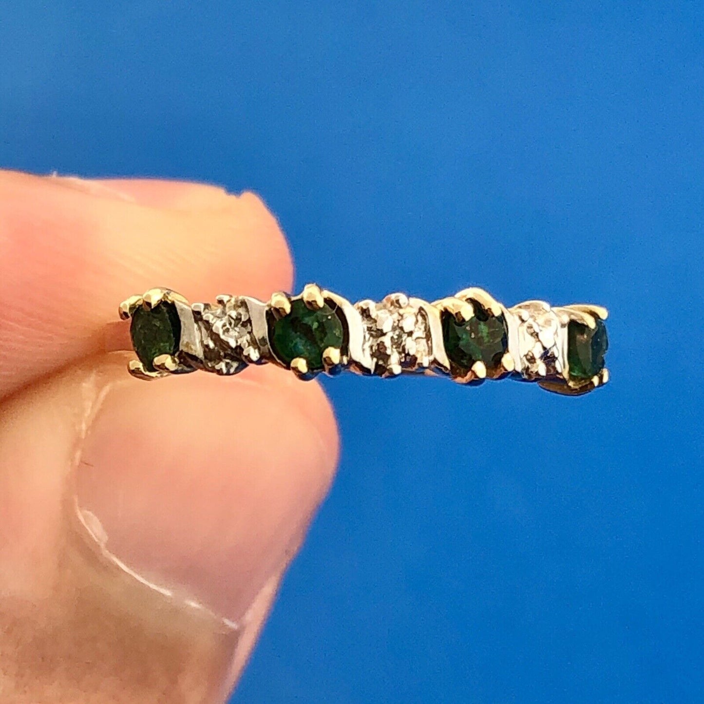 Retro 10K Yellow White Gold Emerald Diamond Stackable Anniversary Band Ring