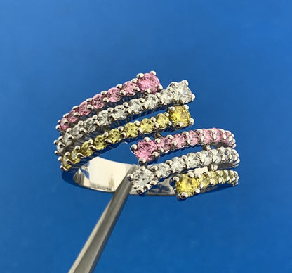 Designer Sterling Silver Pink White Yellow Cubic Zirconia Statement Bypass Ring