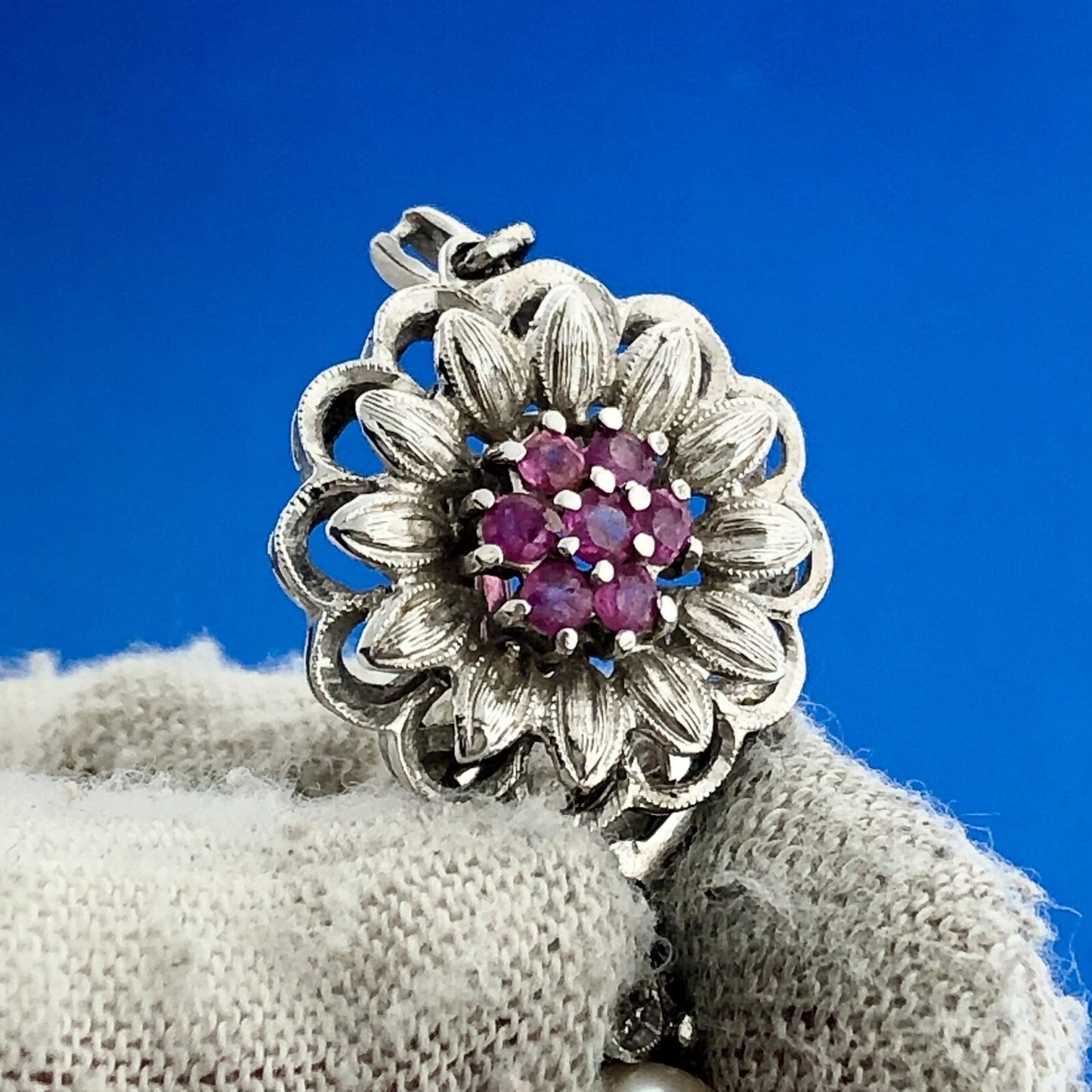 Vintage 18k White Gold Round Ruby White Pearl Flower Bracelet Necklace Clasp