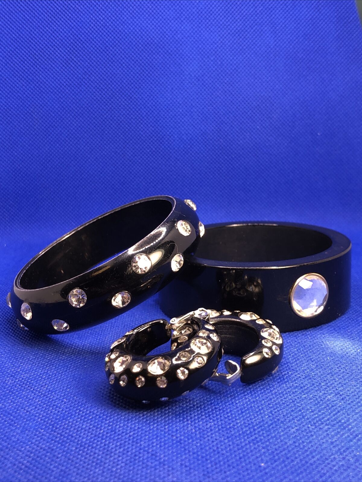 1980's Runway Glam Black Lacquer Lucite Rhinestone 2 Bracelets & Earrings Lot
