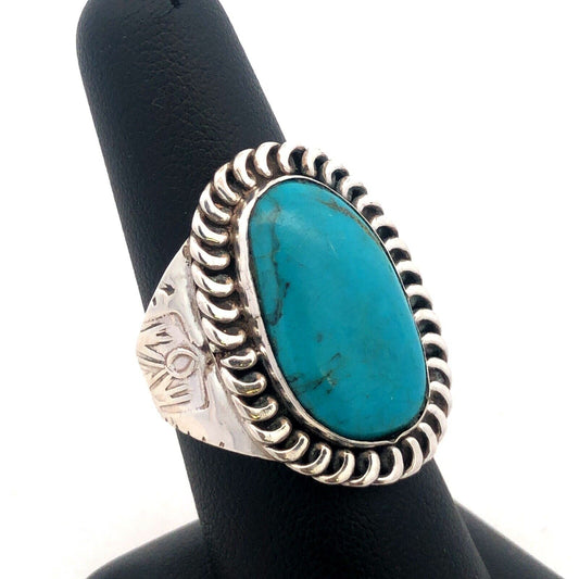 Native American Concho 925 Sterling Silver Oval Turquoise Storyteller Ring