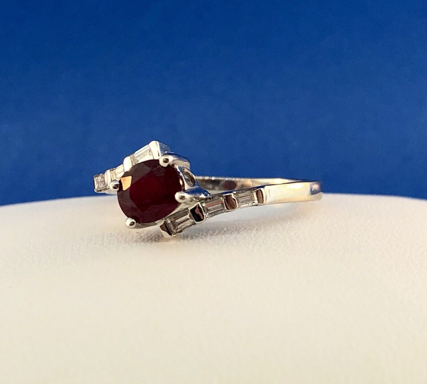 Estate Designer 14K White Gold Ruby Diamond July Anniversary Bypass Ring