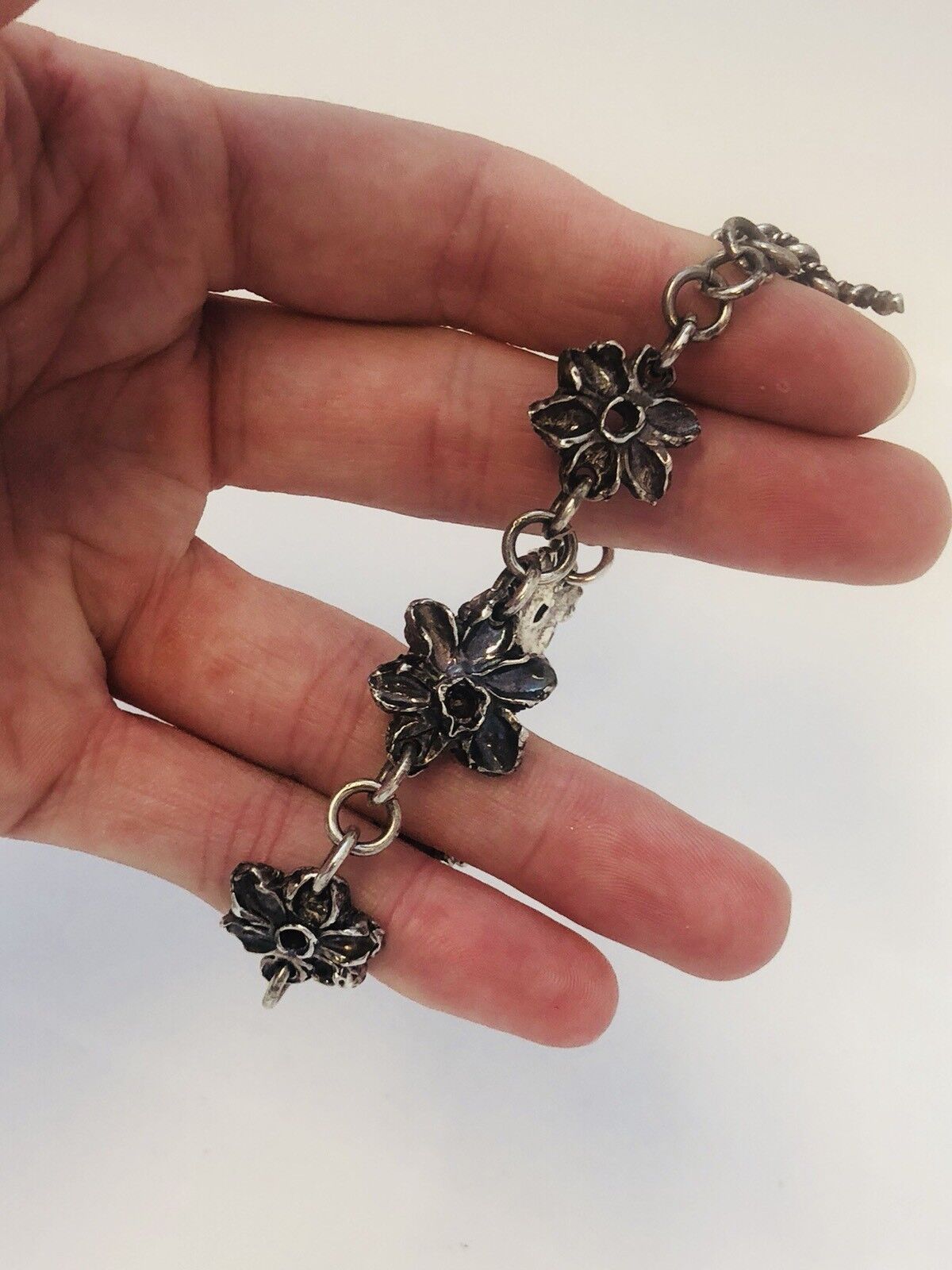 Native American Signed Sterling Silver 925 Flower Panel Toggle Bracelet