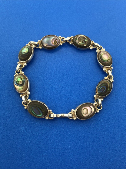 Vintage Taxco Mexico 925 Sterling Silver Abalone Oval Panel Link Bracelet
