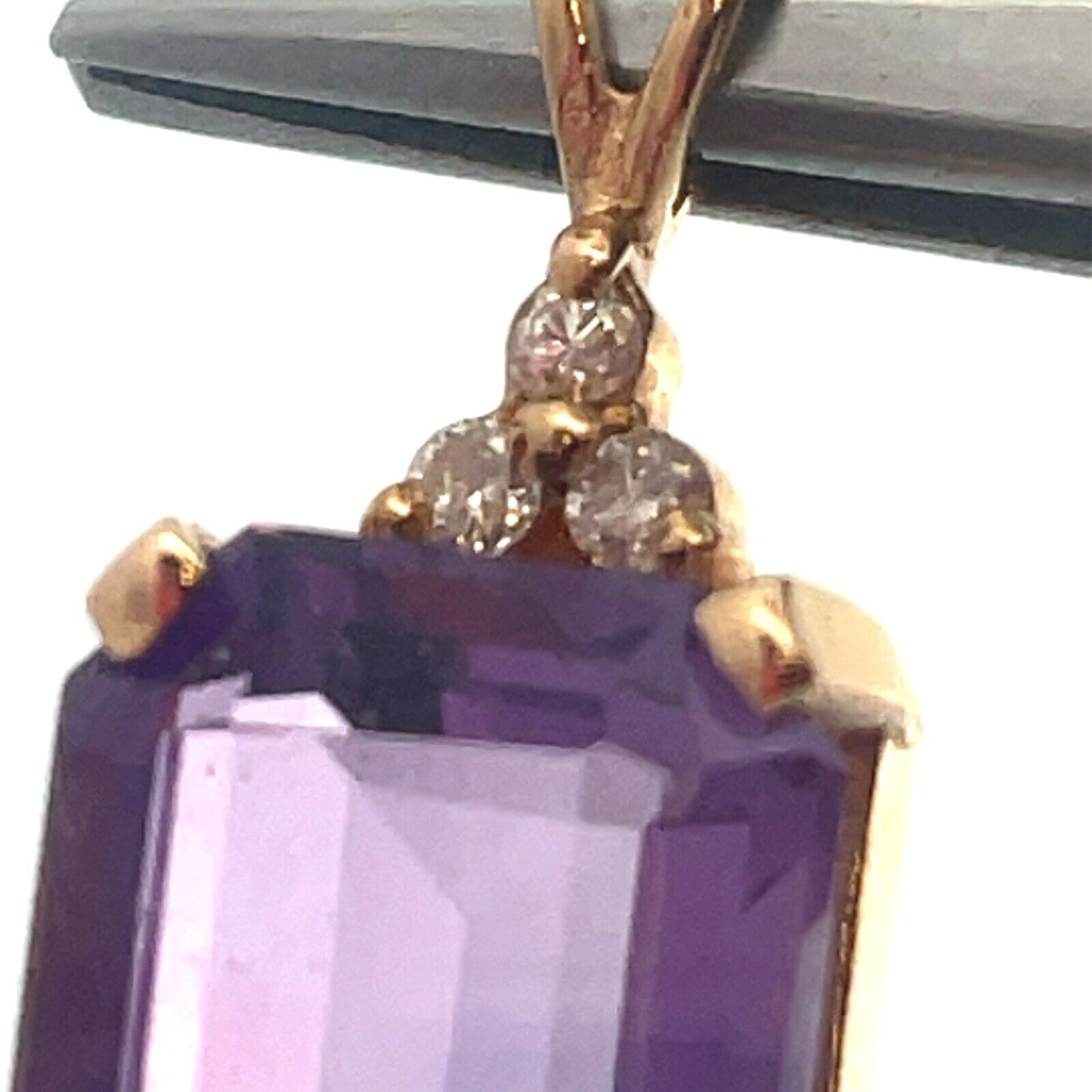 Vintage Designer 14K Yellow Gold Emerald Cut Amethyst Diamond Accent Pendant