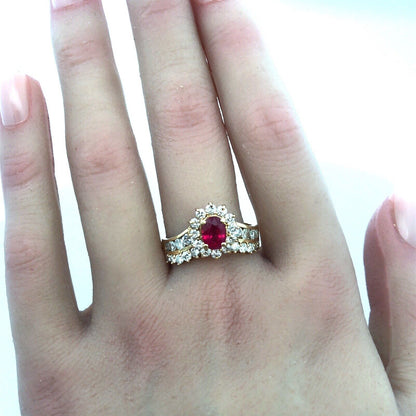 14K Yellow Gold Oval Ruby Diamond Engagement July Bday Cocktail Statement Ring