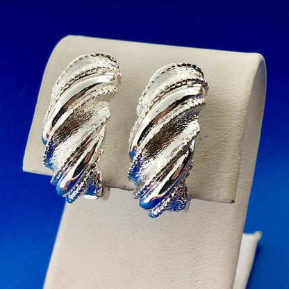 Classic Silver Tone Polished Textured Beaded Twist Half Hoop Clip Earrings