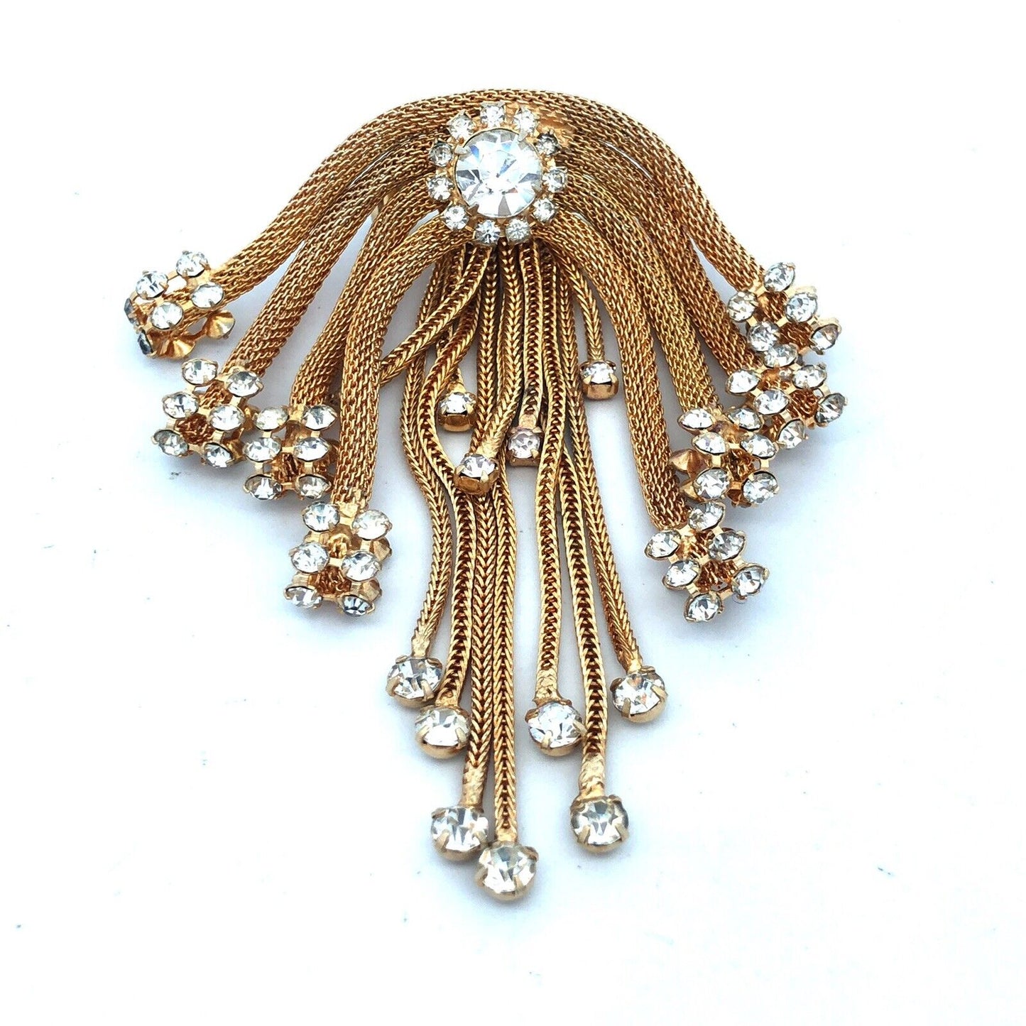 Mid Century Gold Tone Rhinestone Mesh Chain Statement Brooch Earrings 3 Pc Set