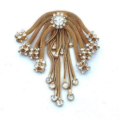Mid Century Gold Tone Rhinestone Mesh Chain Statement Brooch Earrings 3 Pc Set