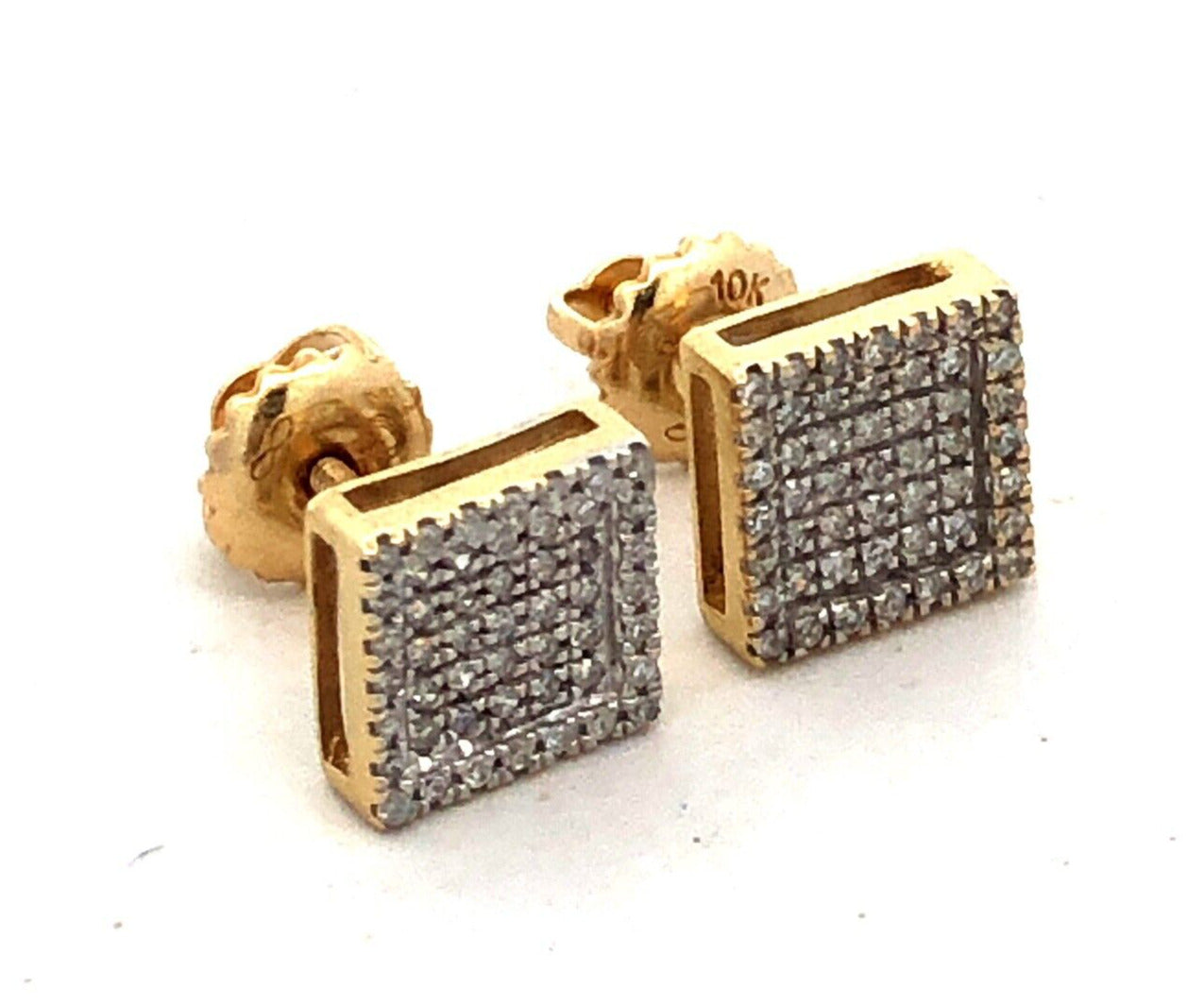 Designer 10K Yellow Gold Diamond Pave Encrusted Square Screw-Back Stud Earrings