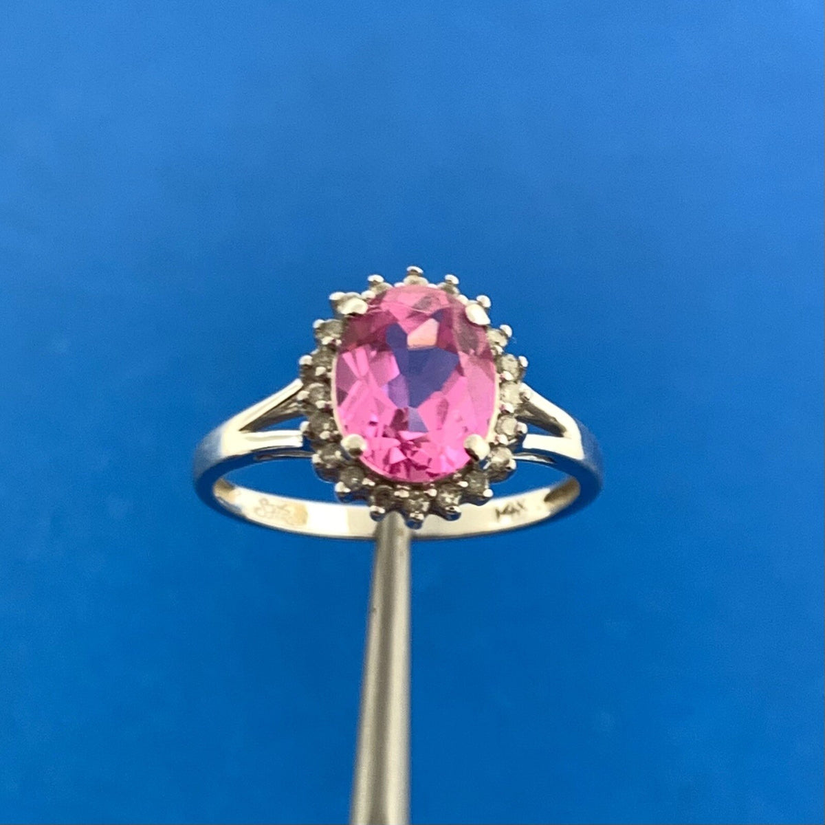 Designer 14K White Gold Oval Pink Sapphire Diamond Halo Custom Engagement Ring
