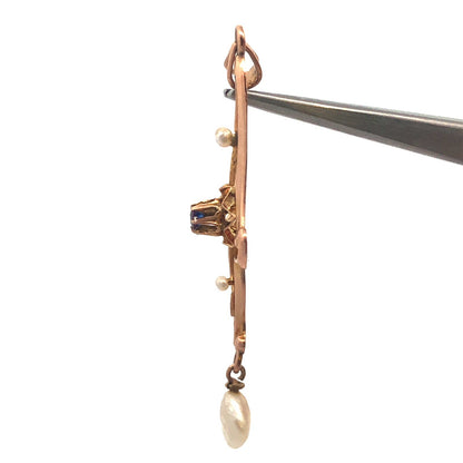 Art Nouveau 10K Yellow Gold Blue Glass Seed Pearl Drop Dangle Pendant