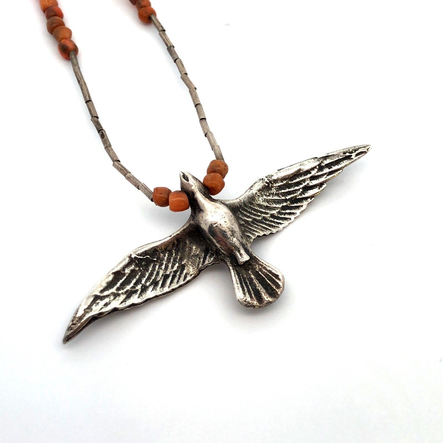 Unsigned Native American Sterling Silver Coral Bead Flying Bird Eagle Necklace