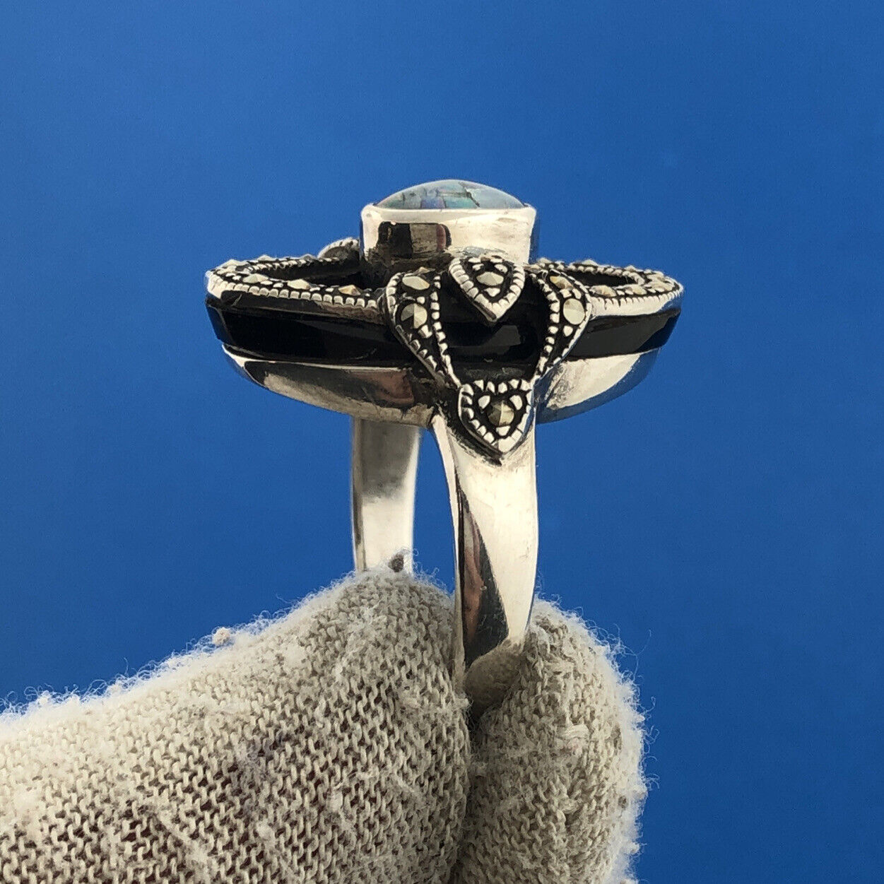 NF Thailand Sterling Silver Black Onyx Marcasite Opal Statement Cocktail Ring