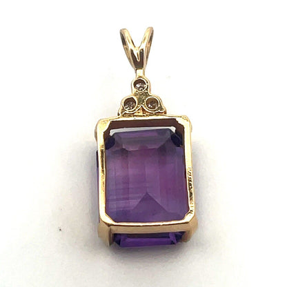 Vintage Designer 14K Yellow Gold Emerald Cut Amethyst Diamond Accent Pendant