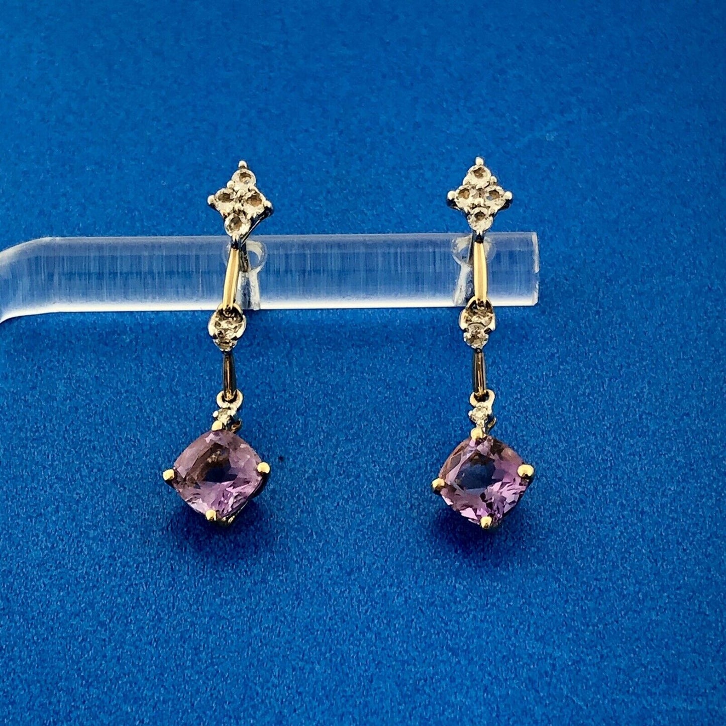 Gorgeous 14k Yellow Gold Cushion Amethyst Quartz Diamond Dangle Stud Earrings