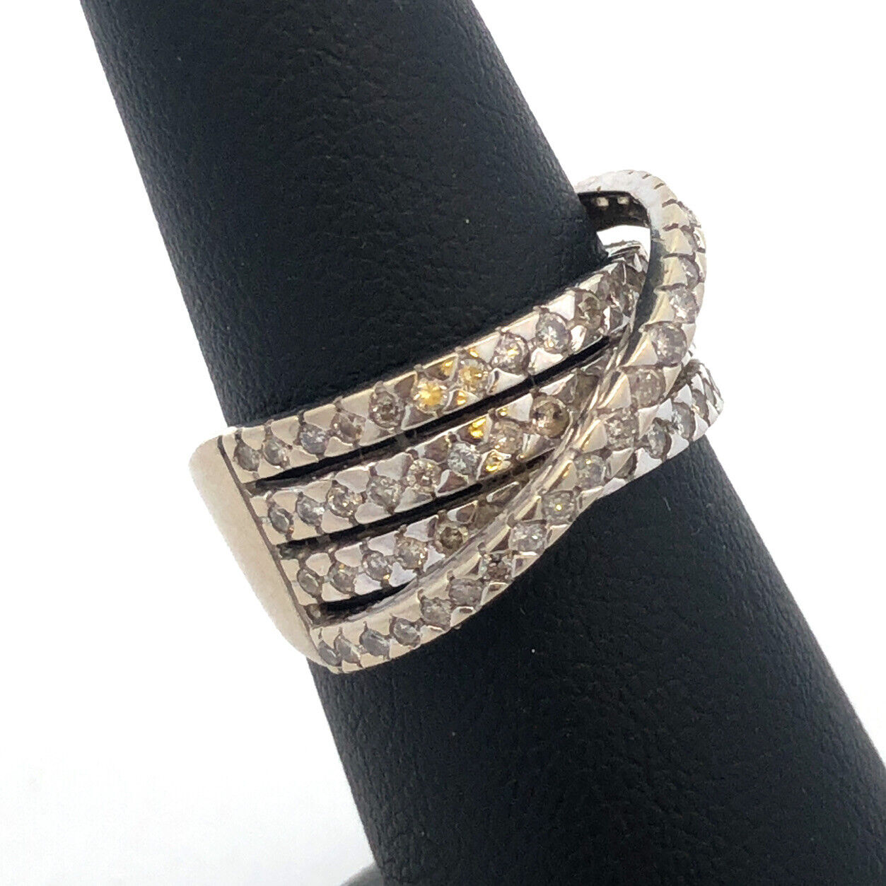 Designer 10K White Gold Diamond Crossover Four Band Anniversary Coctail Ring