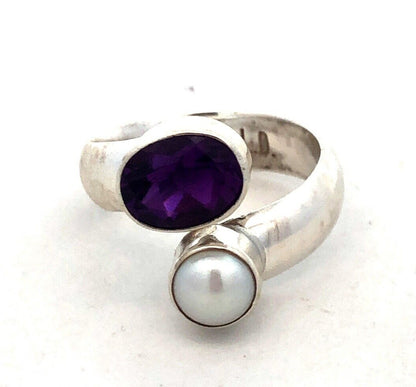 Designer LD 925 Sterling Silver Oval Purple Amethyst Pearl Bypass Ring