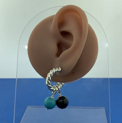 Silpada Sterling Silver 925 Turquoise Black Onyx Ribbed Cable Half Hoop Earrings