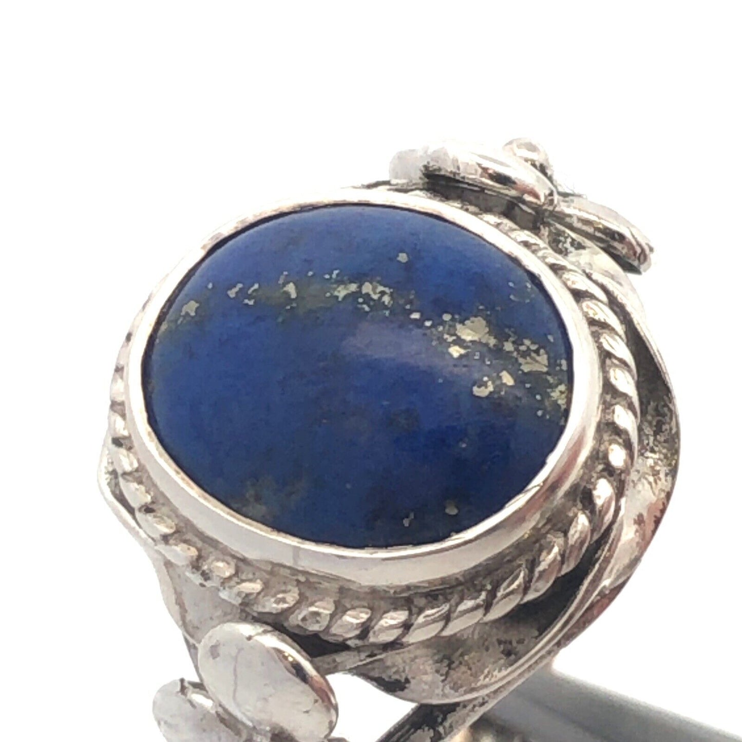 Vintage 925 Sterling Silver Oval Blue Lapis Lazuli Clover Textured Dome Ring