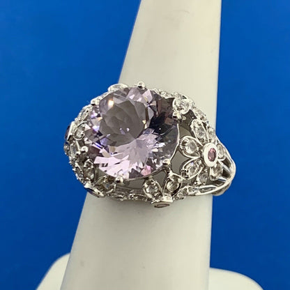 Designer 14K White Gold Purple Amethyst White Topaz Accents Statement Ring