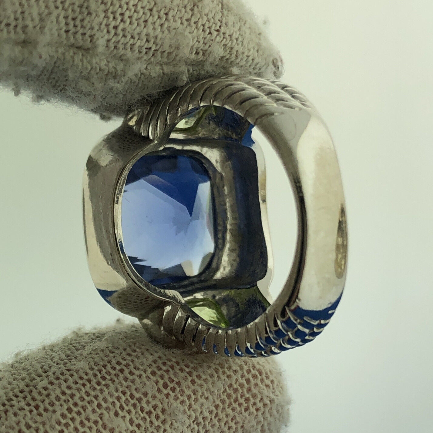 Stunning Sterling Silver 925 Indigo & Green Crystal Statement Ring Size 6.25