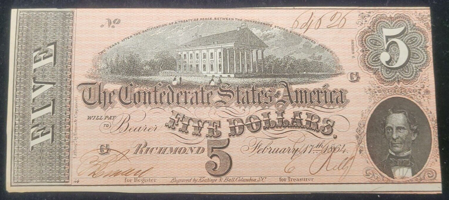 1864 $5 Richmond, VA Confederate States of America Rare Obsolete Bank Note