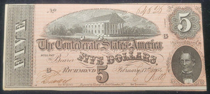 1864 $5 Richmond, VA Confederate States of America Rare Obsolete Bank Note