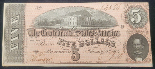 1864 $5 Richmond, VA Confederate States of America Rare Obsolete Bank Note