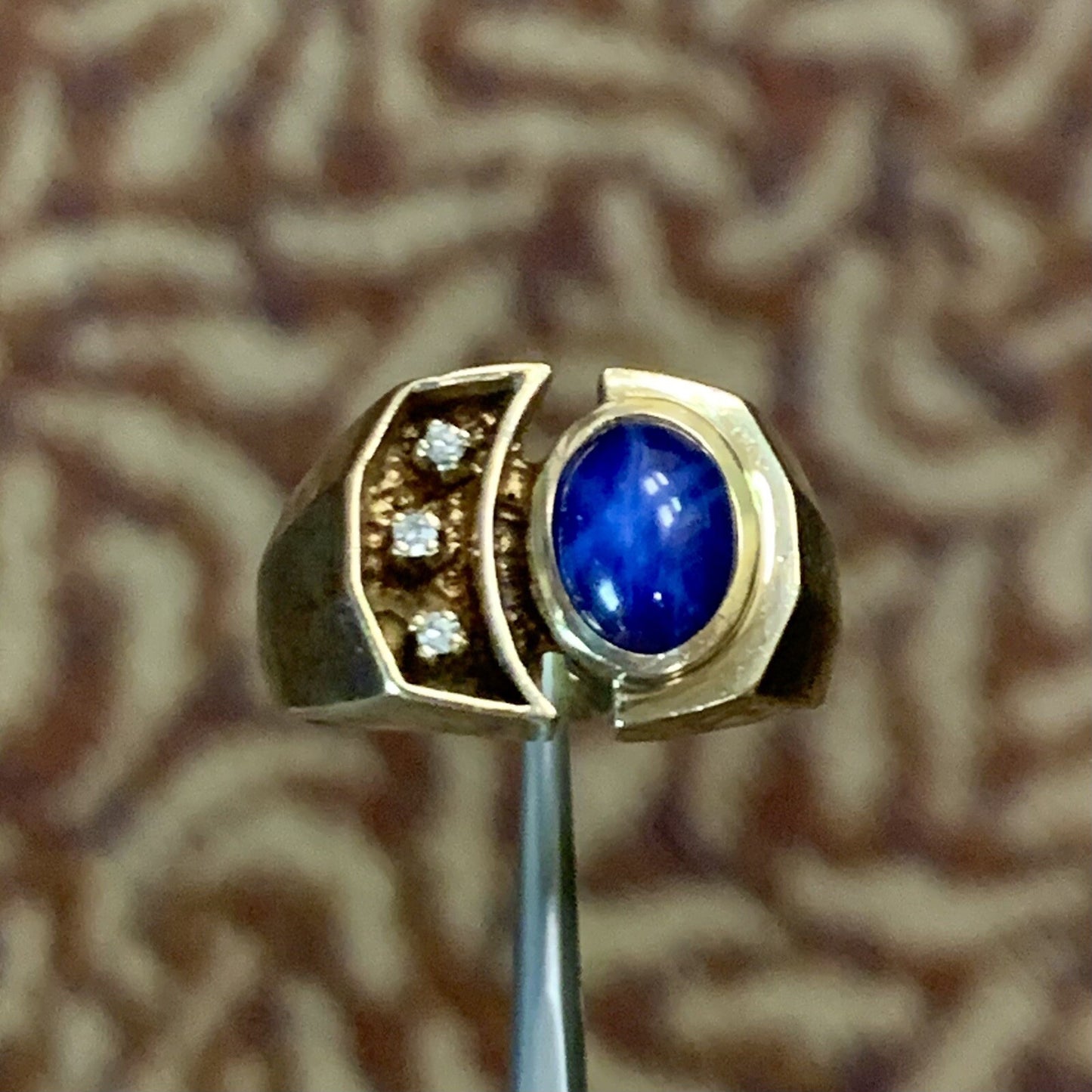 10K Yellow Gold Oval Blue Star Sapphire Diamond Accented Unisex Evil Eye Ring