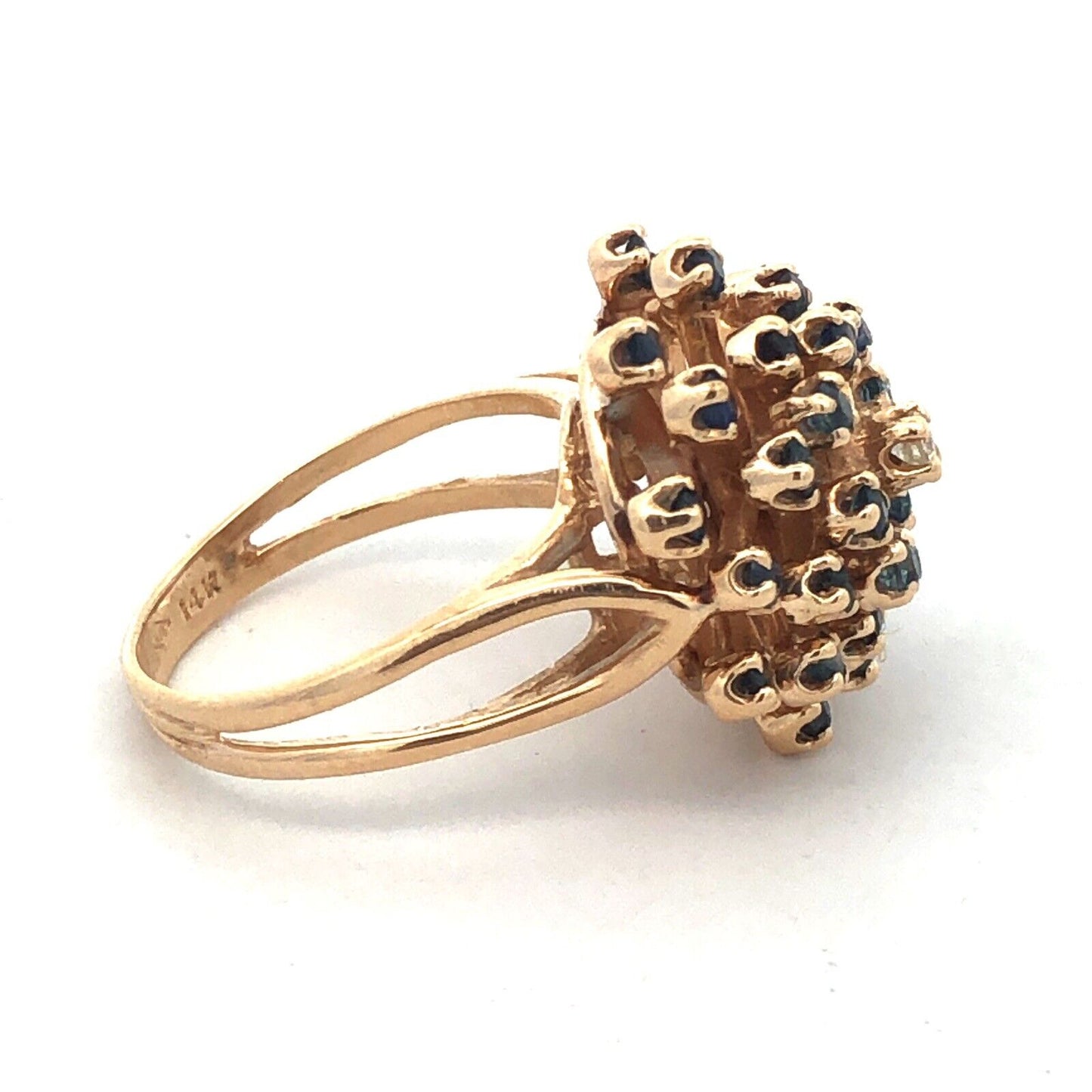 Designer HJW 14K Yellow Gold Round Sapphire Diamond Cluster Dome Cocktail Ring