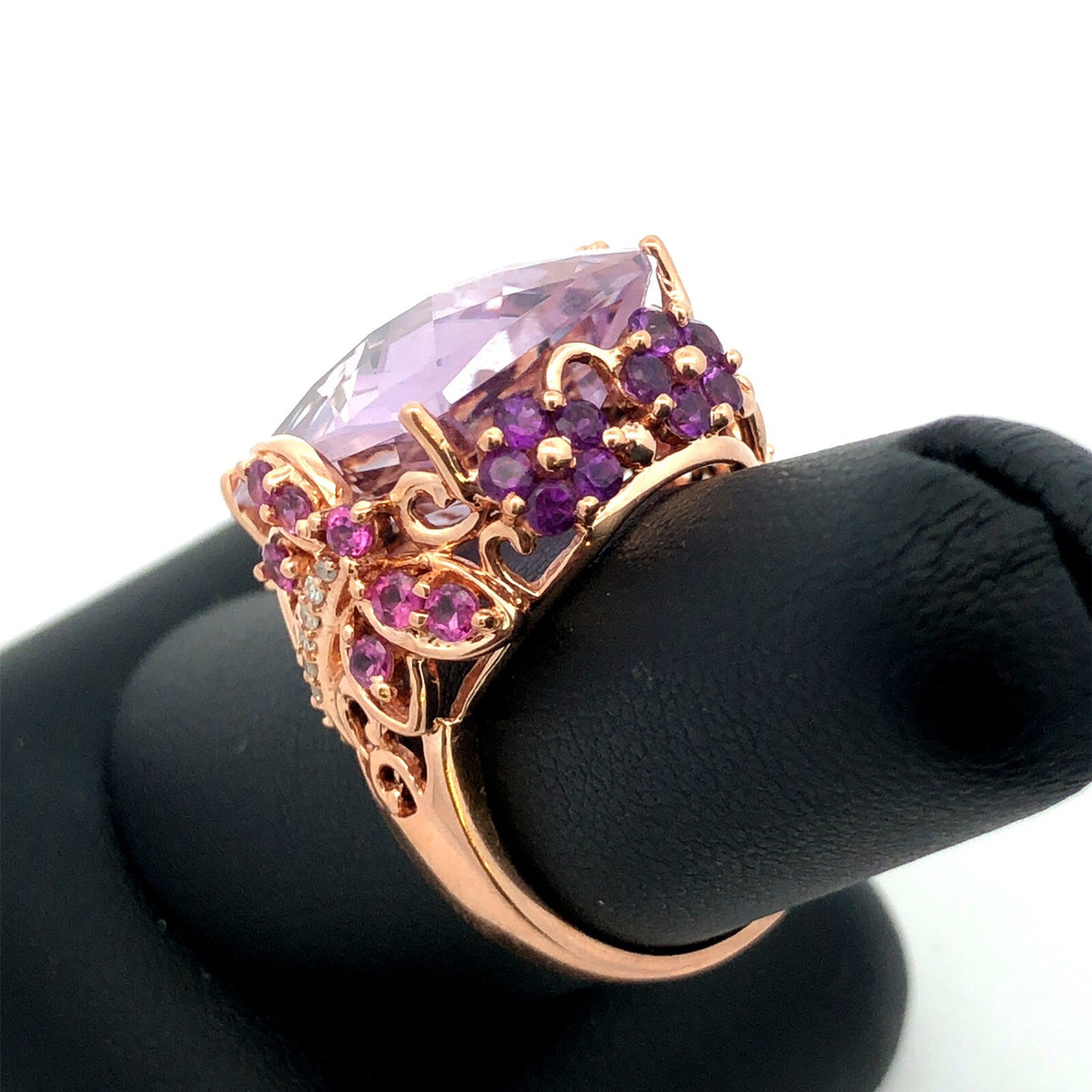 Designer 14K Yellow Gold Amethyst Pink Tourmaline Diamond Statement Floral Ring