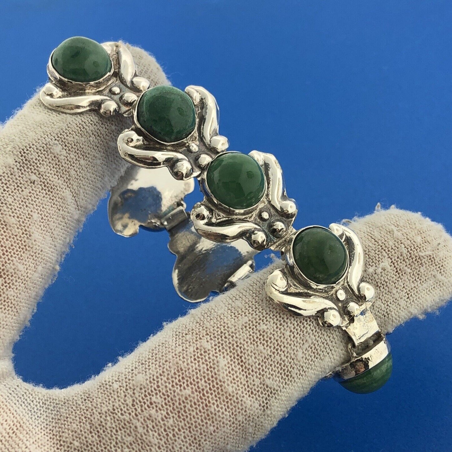 Estate 925 Sterling Silver Green Onyx Cabochon Floral Scroll Panel Link Bracelet