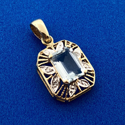 Stunning 10K Yellow White Gold Blue Topaz Diamond Filigree Charm Pendant
