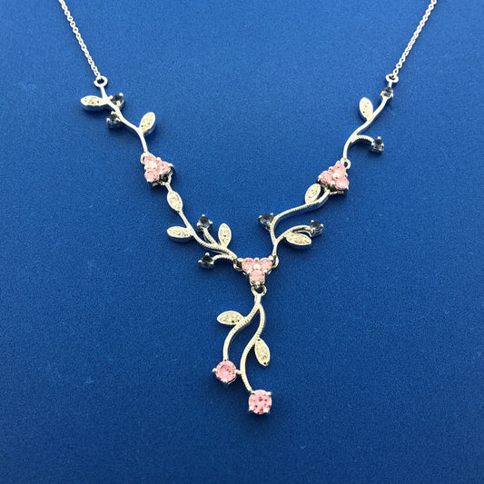 Exquisite Sterling Silver 925 Blue Pink White CZ Floral Scroll Drop Necklace
